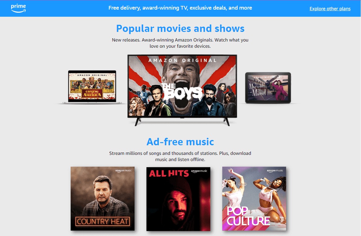 Amazon Prime lets members stream popular and exclusive movies and shows, as well as ad-free music.