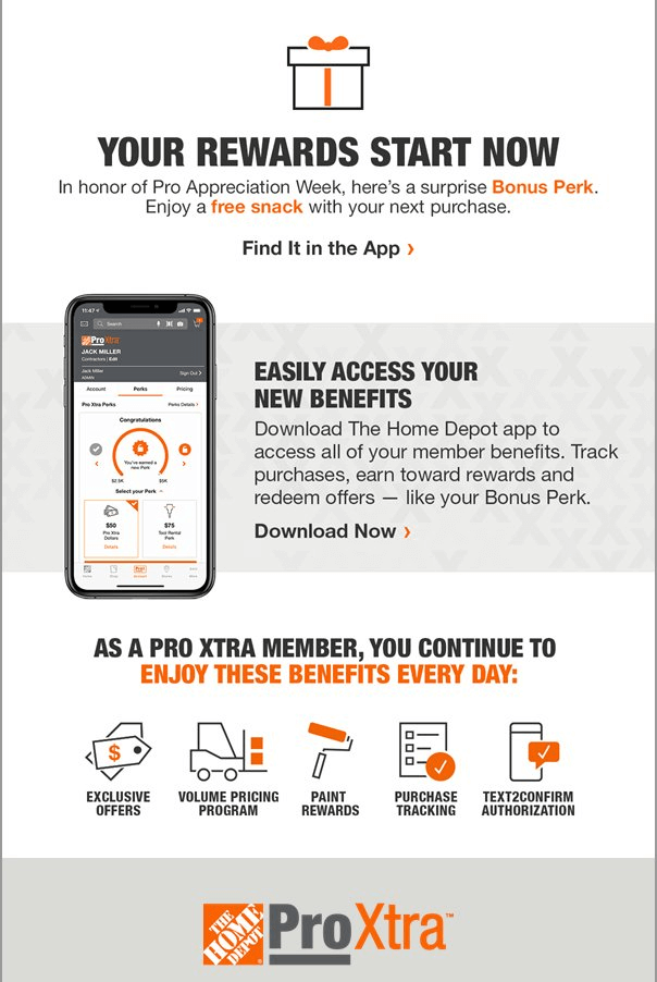 Image describing the benefits of a Bonus Pack The Home Depot’s Pro Xtra loyalty program.