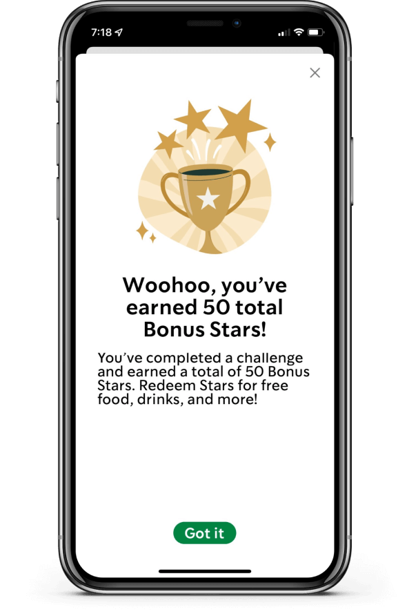 Image showing a completed Starbucks Rewards challenge in the app.