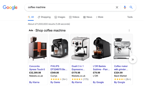 A selection of coffee machines found on Google Shopping.