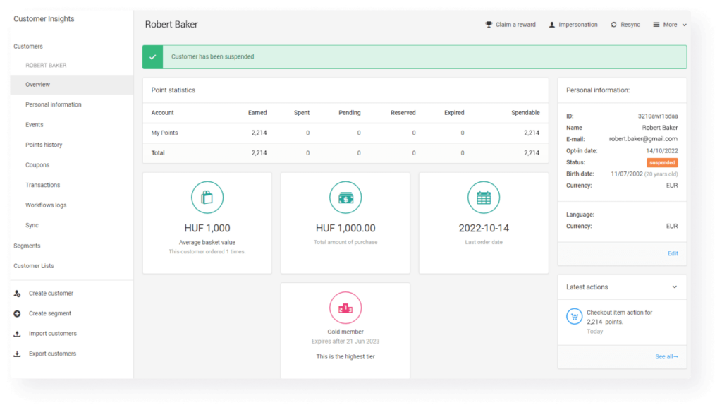 An image of Antavo’s Enteprise Loyalty Cloud back-end, showing a suspended customer status