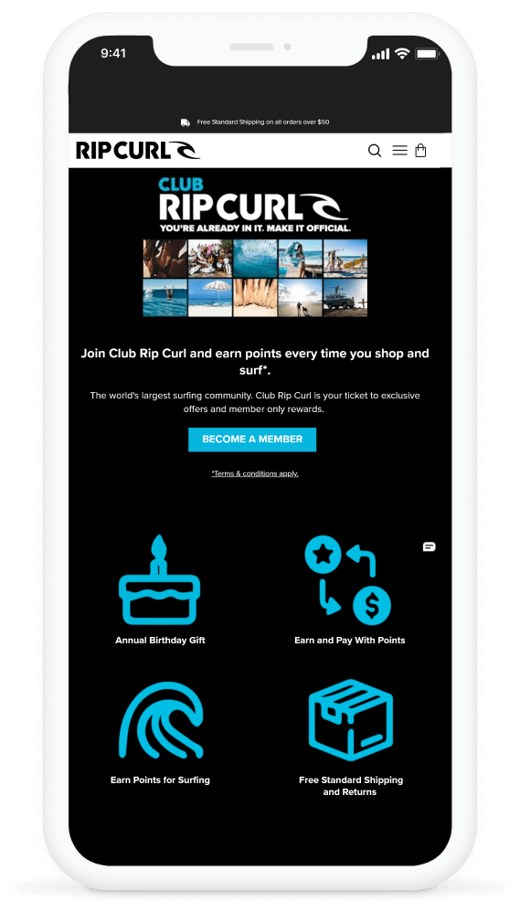 A smartphone displaying a Club Rip Curl membership program.