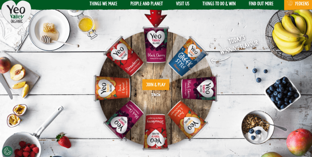 Yeo Valley gamified feature where players can spin a yogurt-style prize wheel. 