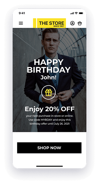 A mobile phone email informing a loyalty program member about their birthday offer.