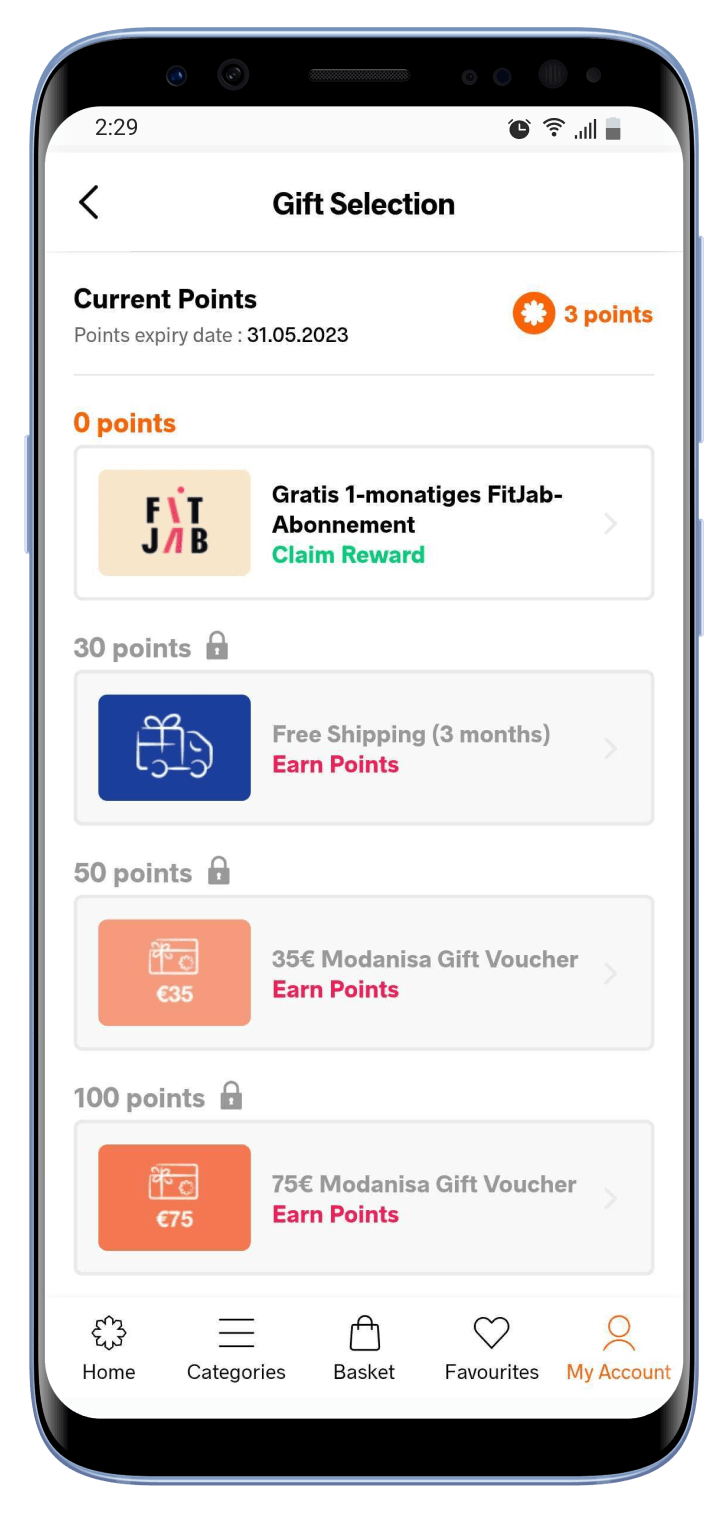 A smartphone showing the rewards page of the Mymodanisa loyalty program. 