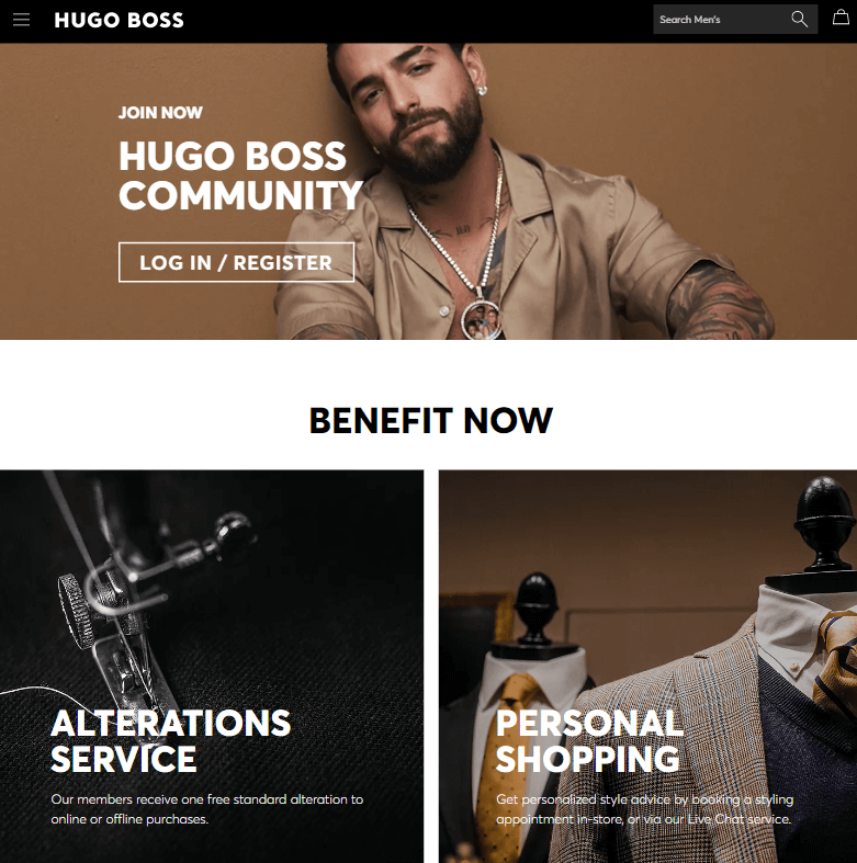 The Hugo Boss Experience membership page.
