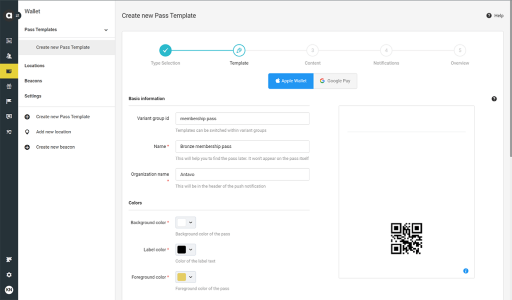 Antavo’s backend showing the pass editor in the Wallet Module.