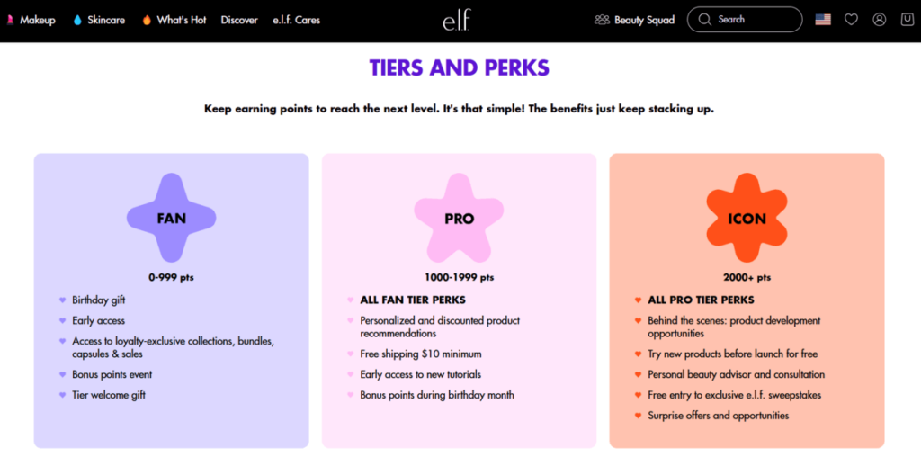 e.l.f. Cosmetics’ Beauty Squad loyalty program focuses mainly on surprise and delight elements.