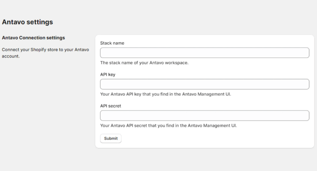 Antavo Shopify app configuration image