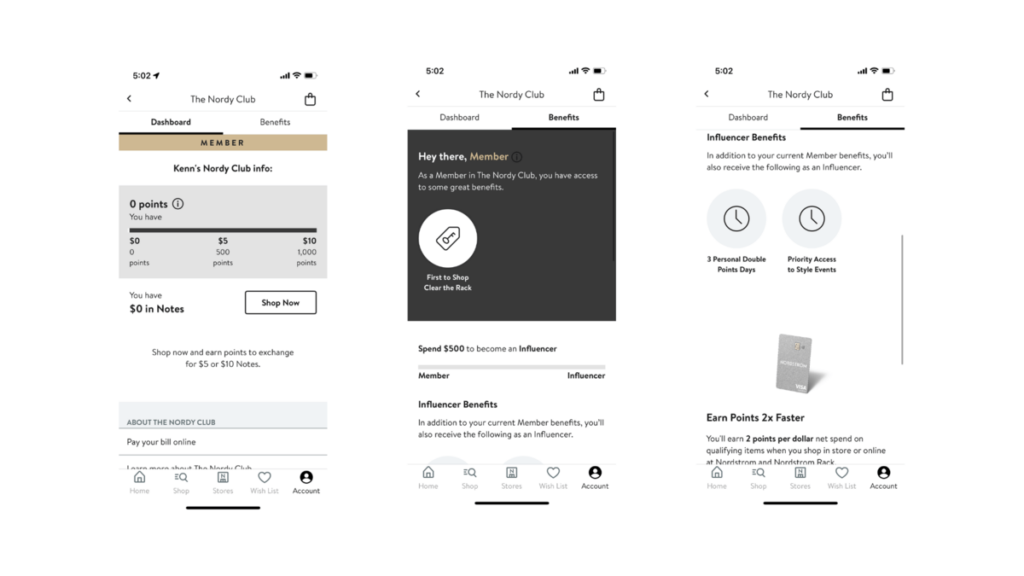 What the Nordstrom Nordy Club app looks like