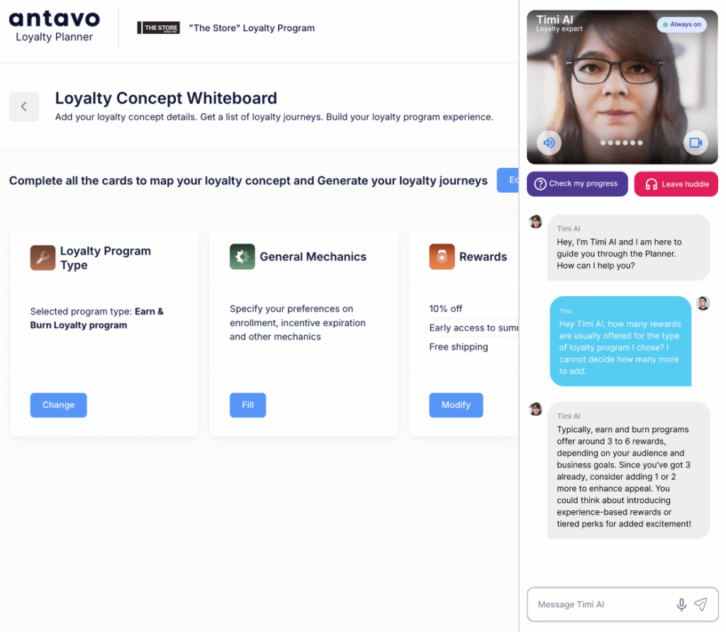 Screenshot of Antavo’s Loyalty Planner with Timi AI
