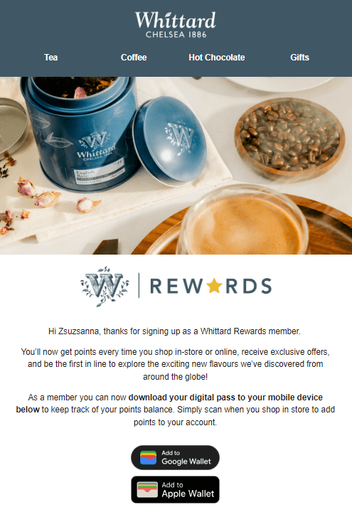 Whittard of Chelsea loyalty program pass