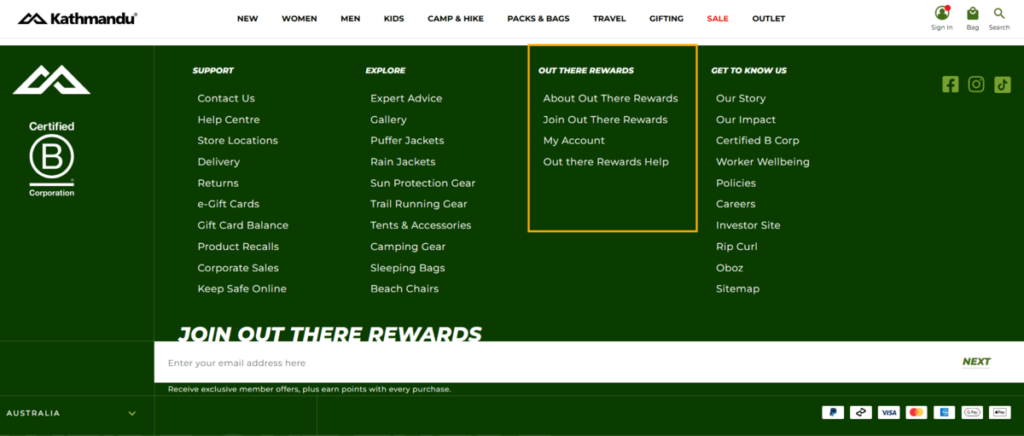 Kathmandu promotes its loyalty program in the website footer