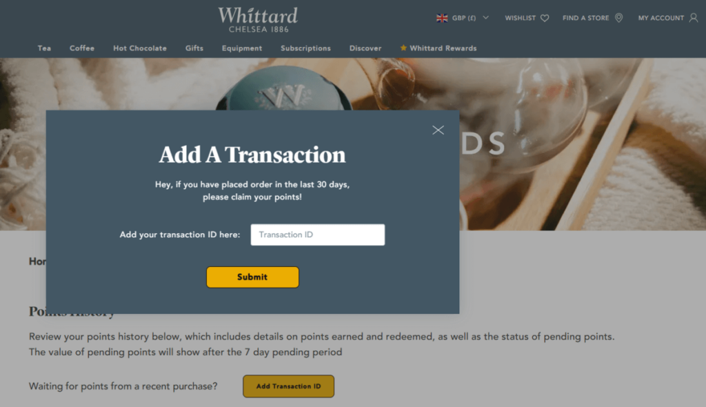 Whittard of Chelsea loyalty program desktop screenshot about the retrospective point claiming feature