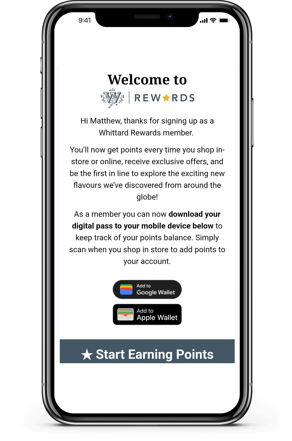 Whittard of Chelsea loyalty program mobile screenshot about downloading the Mobile Pass