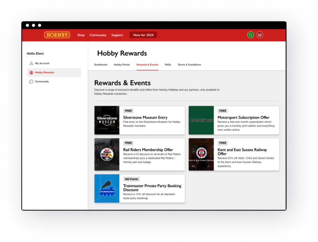 Hornby Hobbies loyalty program rewards page.