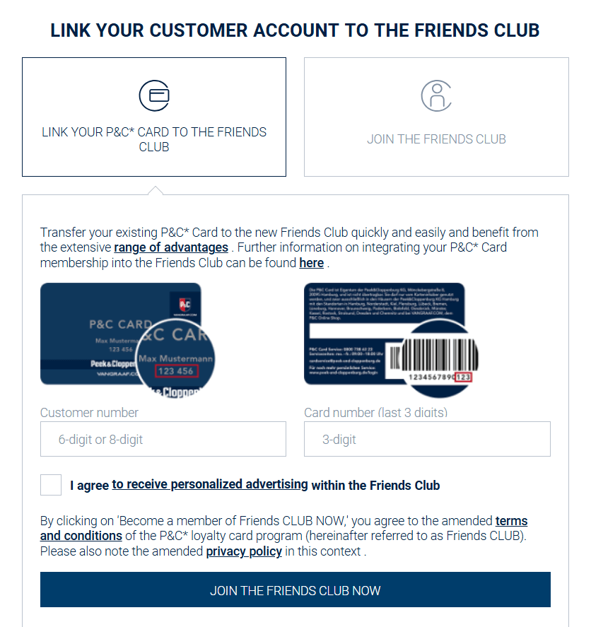 P&C Friends CLUB loyalty program signup screenshot
