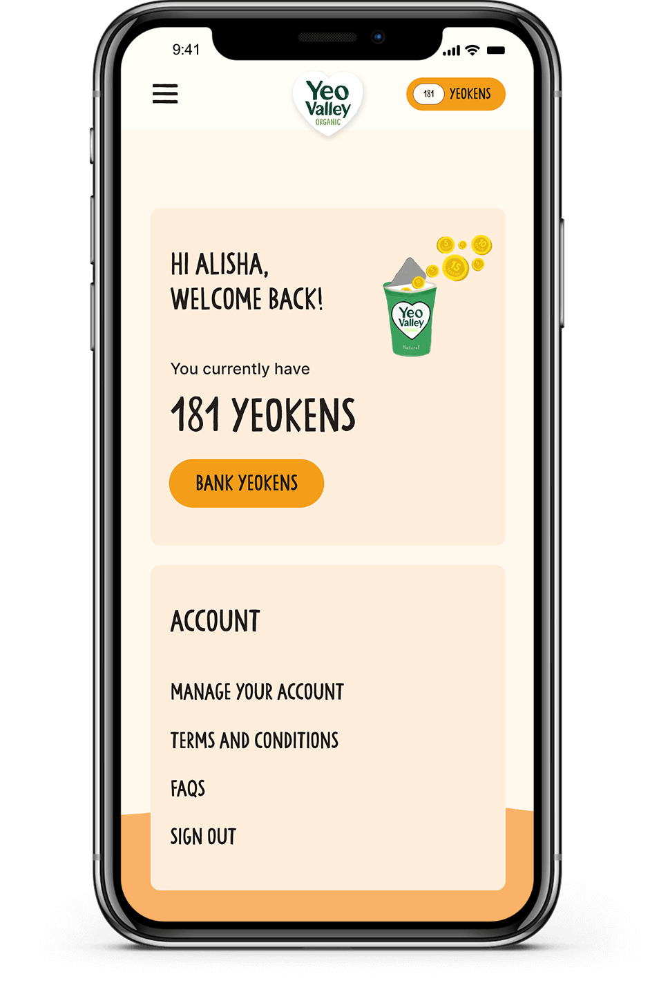 Yeo Valley loyalty program mobile screenshot.