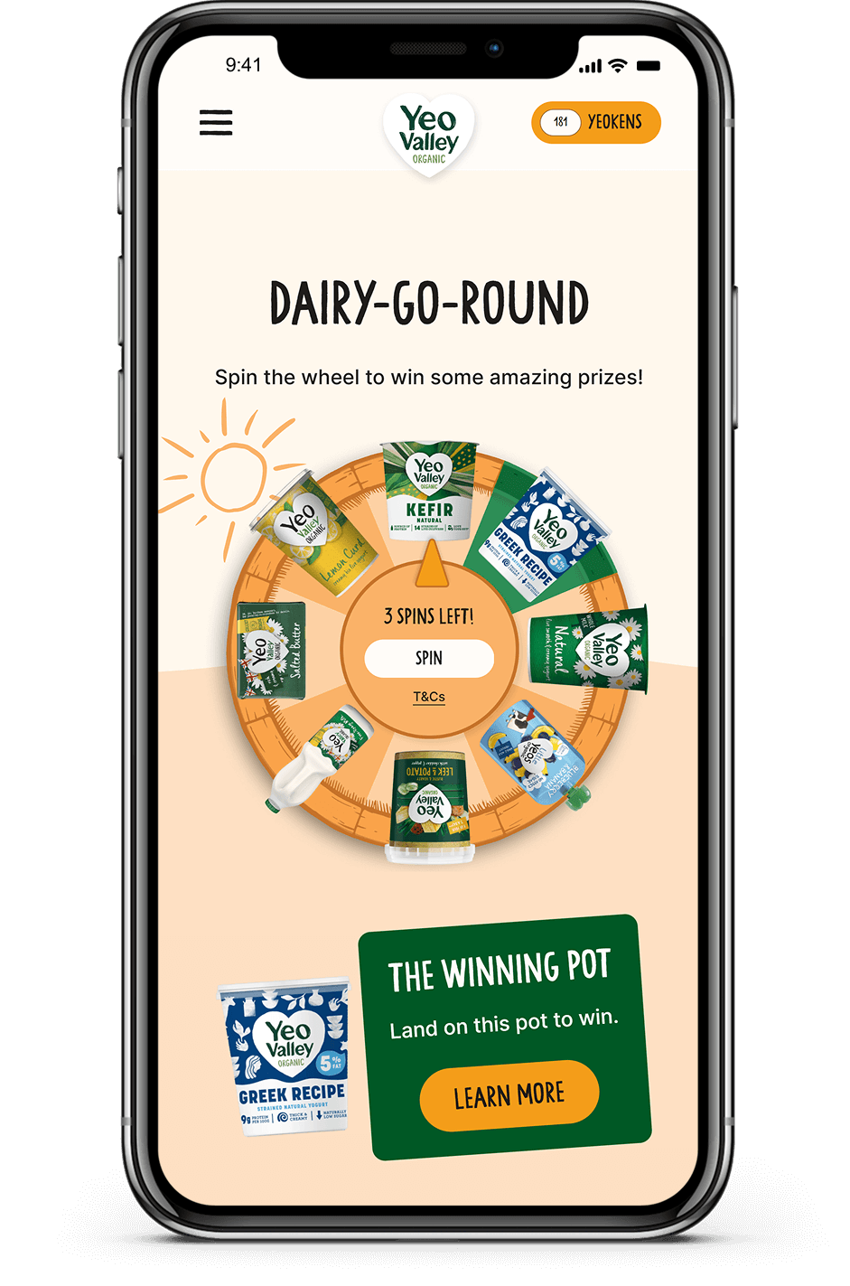 Yeo Valley loyalty program mobile screenshot of the spin the wheel feature.
