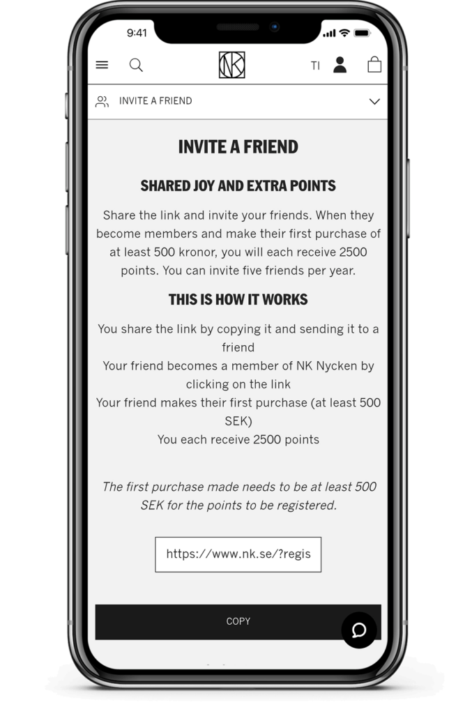 NK Nyckeln loyalty program’s friend referral page