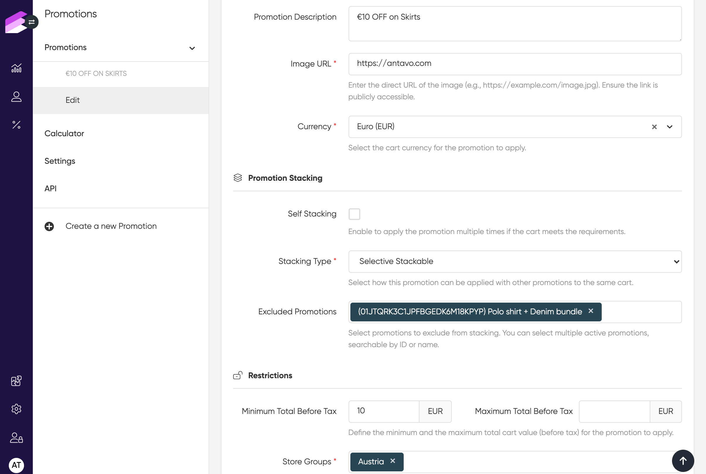 Antavo's back-office showcasing the stacking menu
