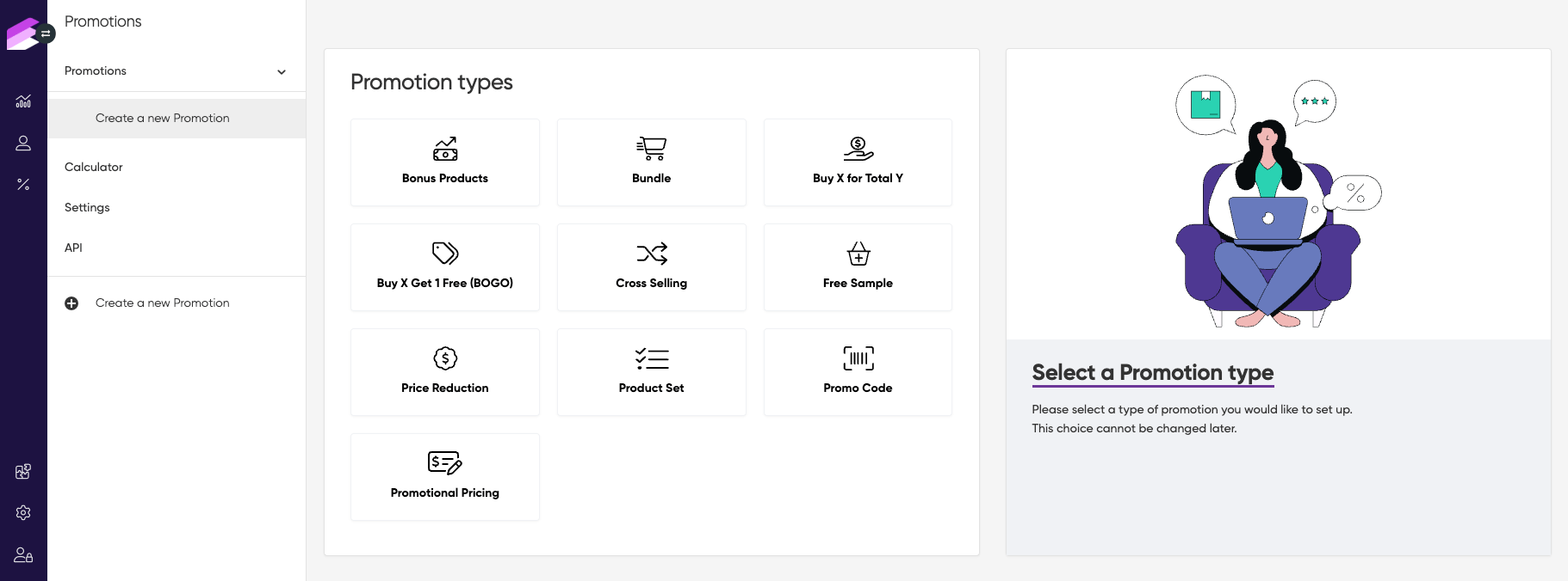 Antavo's back-office image showcasing the promotion type selector