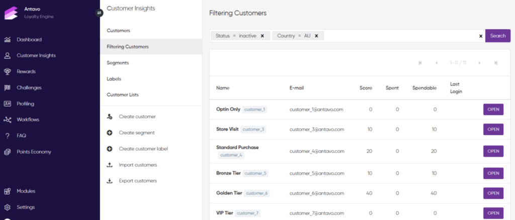 A desktop look at Antavo’s customer insights filters