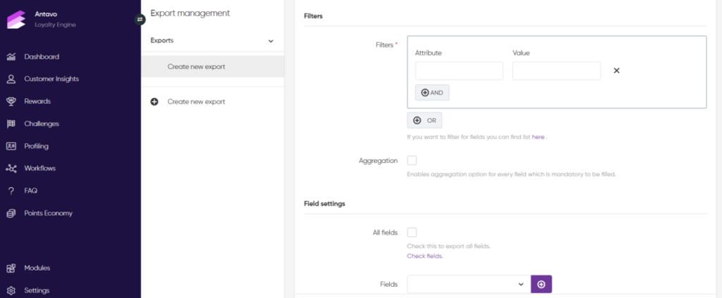Antavo’s export management functionality
