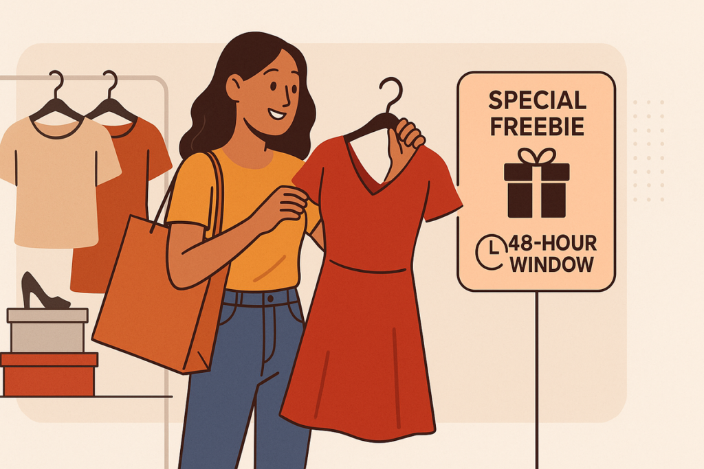  A cartoon image depicting a woman buying a dress with a special freebie.