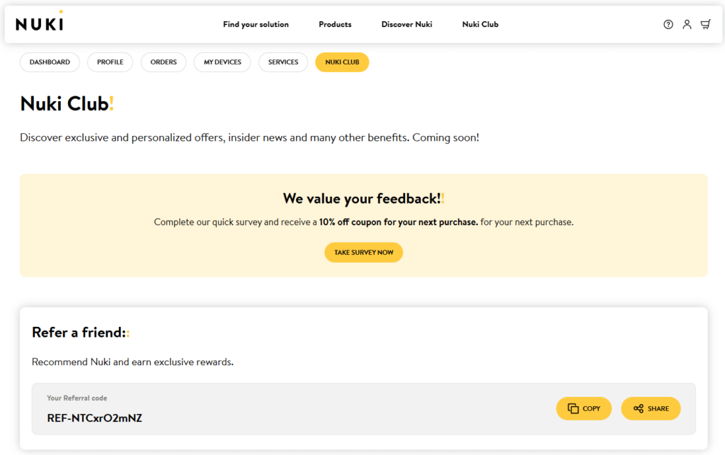 Nuki loyalty program main page showcasing referral codes.