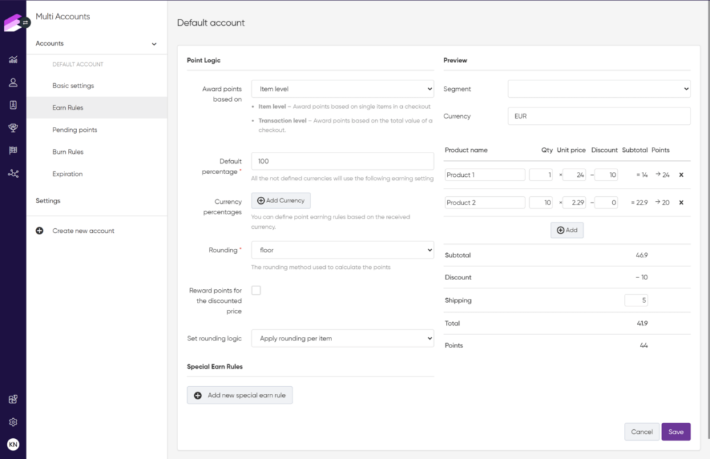 The Antavo platform's dashboard, the point earning logic displayed