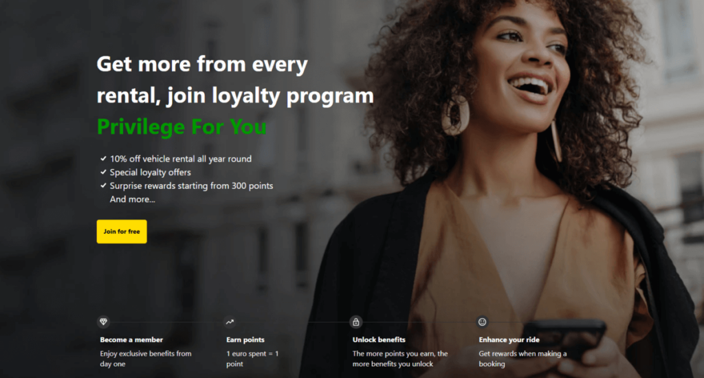 Europecar's free membership program privilege for you displayed here with basic mechanism