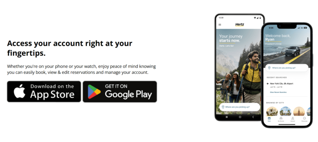 Hertz Gold Plus Rewards® loyalty program mobile app display
