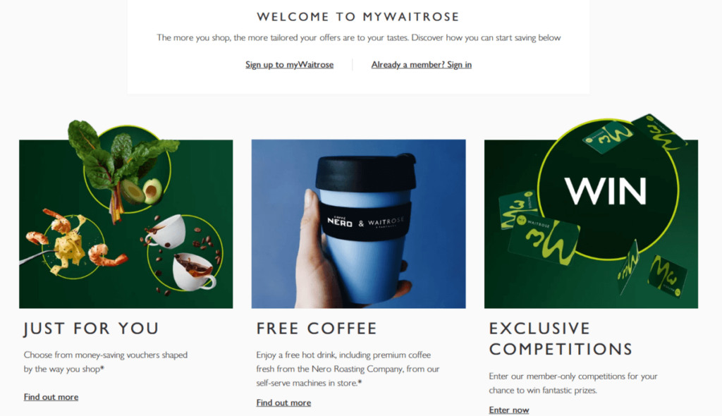myWaitrose membership program's main benefits displayed