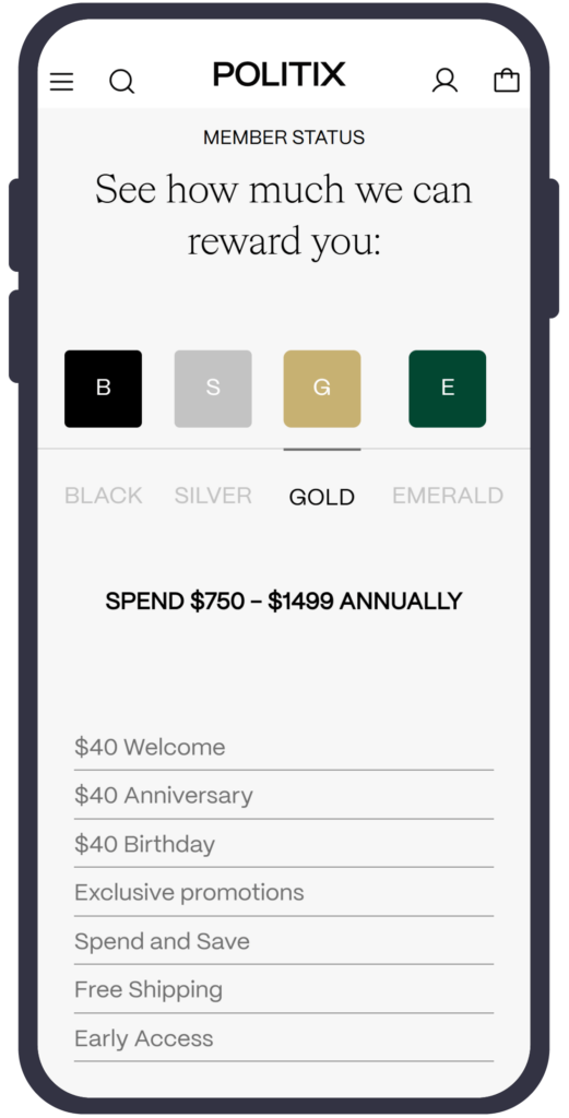 Mobile view of the Politix Plus loyalty program’s tier structure