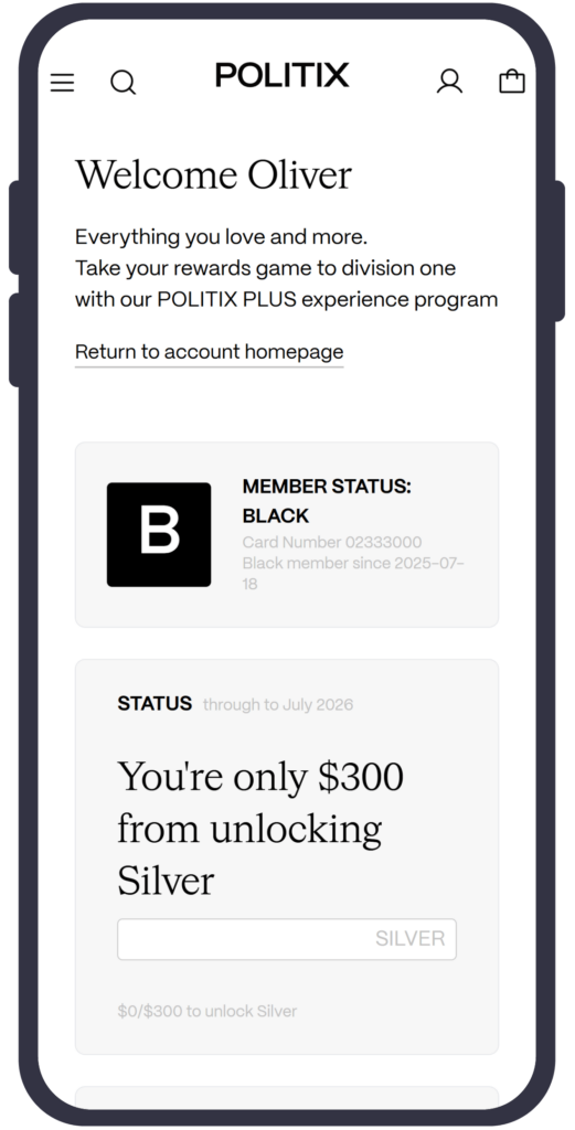 Mobile view of the Politix Plus loyalty program’s member page