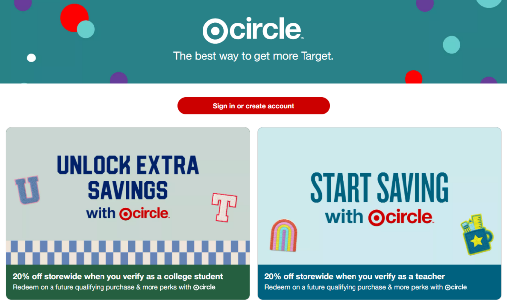 desktop screenshot of Target's circle membership program displaying savings for teachers and students