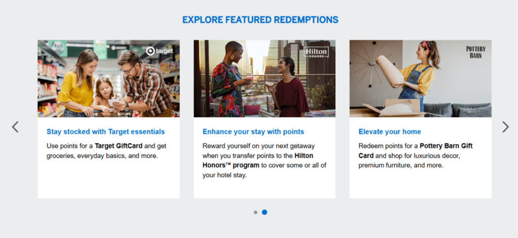 American express loyalty program point redemption and point transfer options displayed