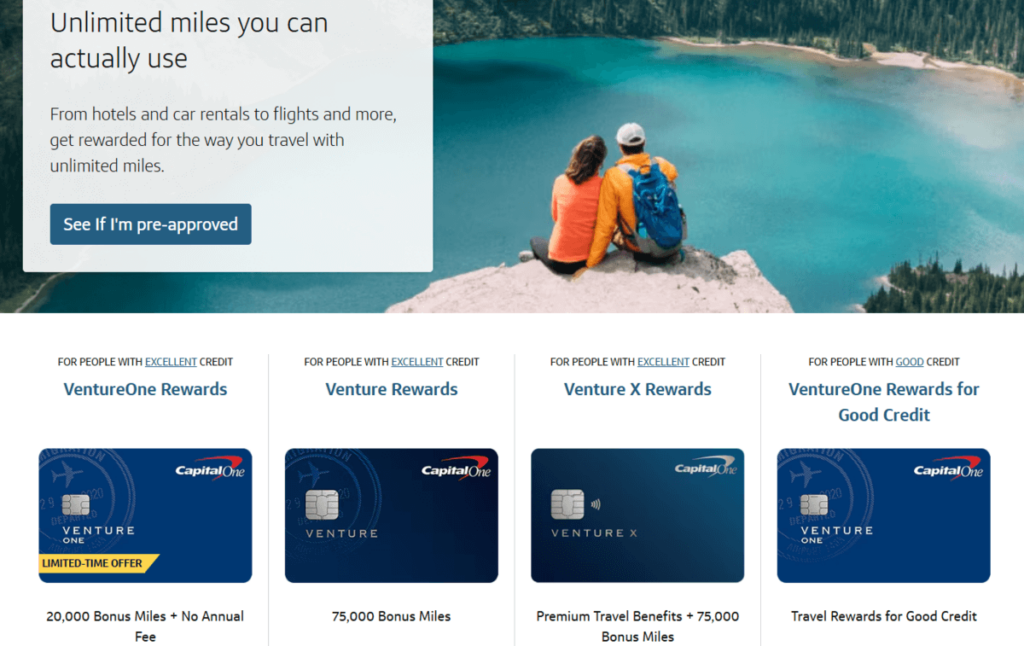 Capitol one rewards program available cards displayed