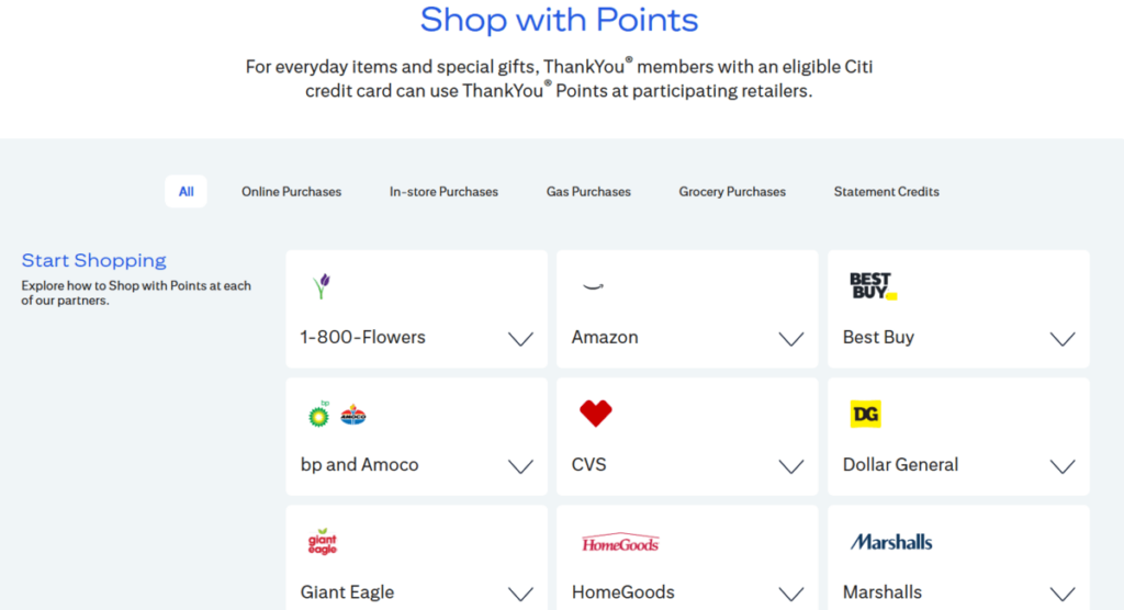 Citibank loyalty program displayed with shop with points options on screen
