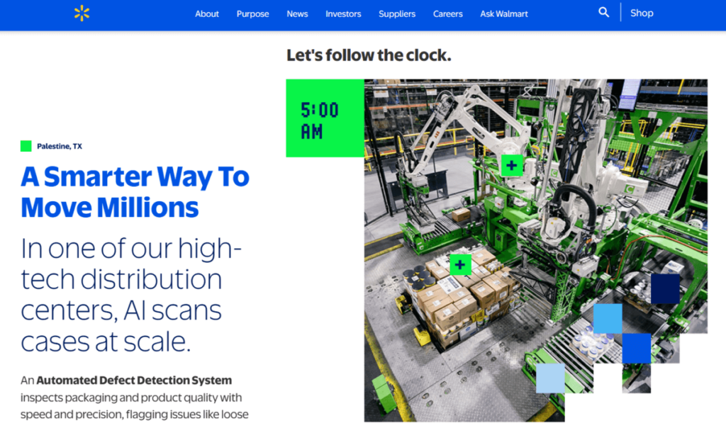 Walmart’s AI-integrated supply chain system portrayed in their warehouse