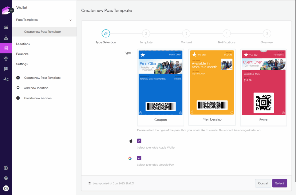 Antavo's Wallet module displayed, while customers create a new digital mobile pass