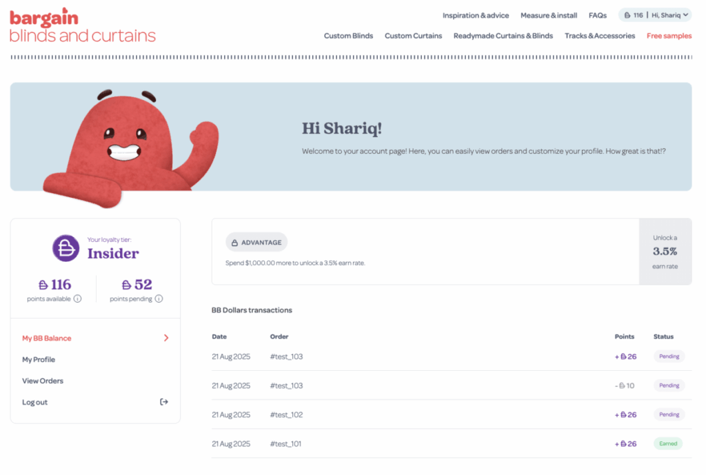 Bargain Blinds’ loyalty member profile displayed