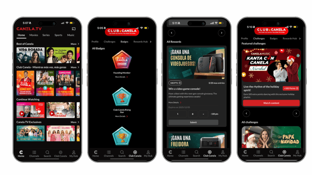 Several mobile screens showing the main features of Canela Media’s Club Canela loyalty program.