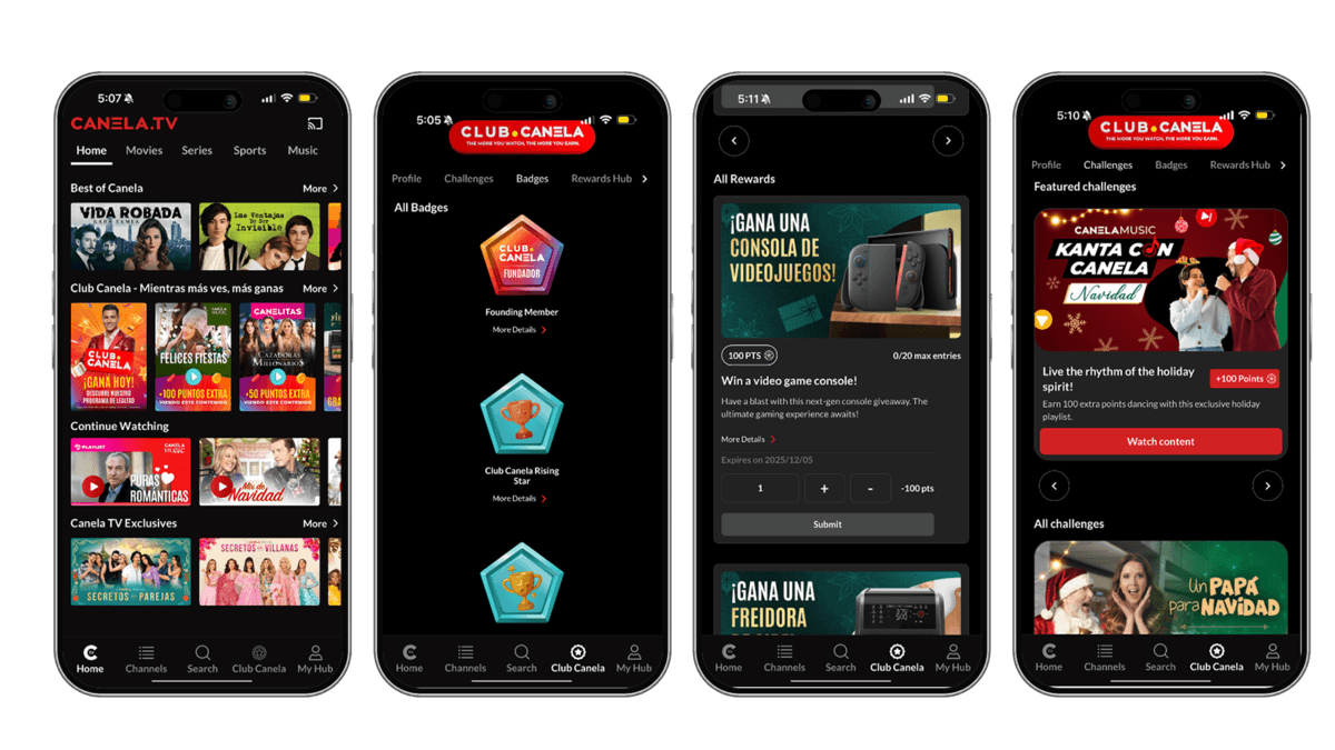 Several mobile screens showing the main features of Canela Media’s Club Canela loyalty program.