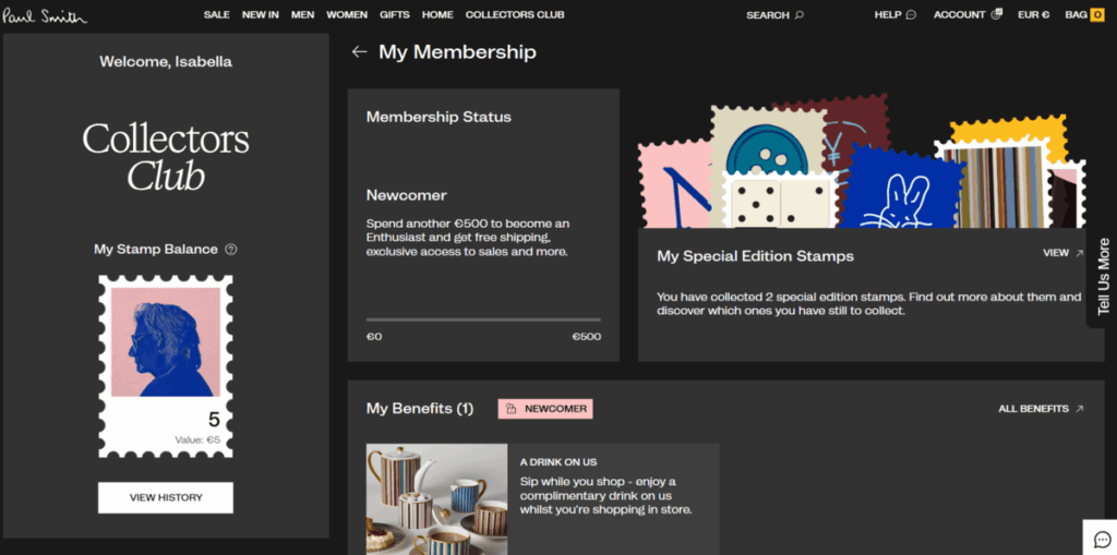 A dashboard image of Collectors Club, Paul Smith’s loyalty program, which is powered by Antavo.