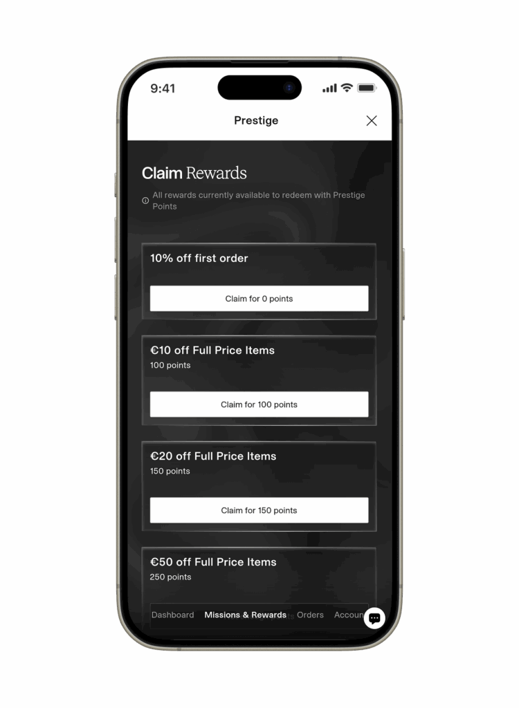 A list of currently available rewards in the Prestige loyalty program