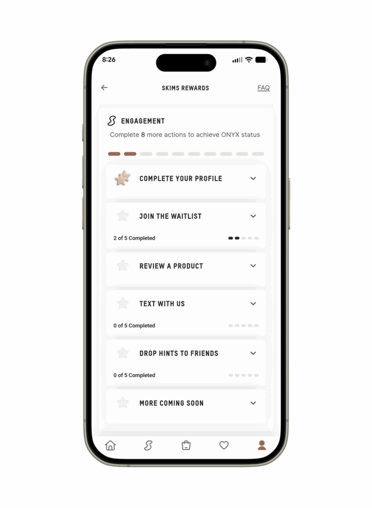SKIMS Rewards app showing engagement actions toward ONYX status