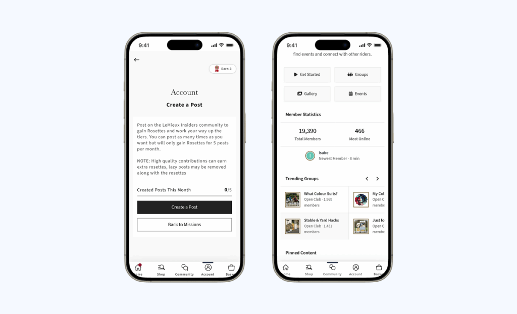 Two screens from the LeMieux Insiders app showing the community mission mechanic