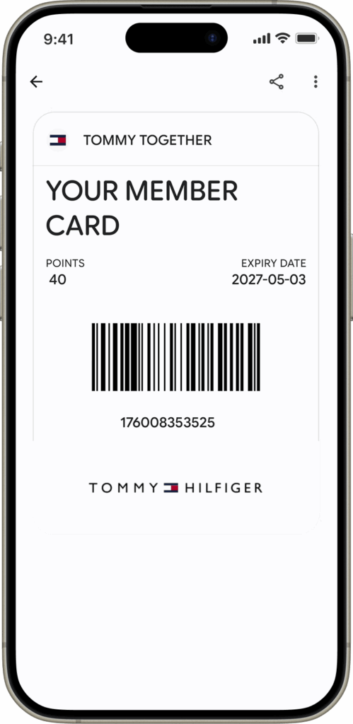 Tommy Together digital Member Card in a mobile wallet showing current loyalty member point balance